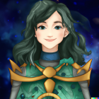 Smiling female character with green hair in fantasy armor on starry background