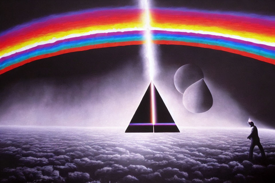 Surreal landscape with prism, rainbow, figure, and spherical shapes