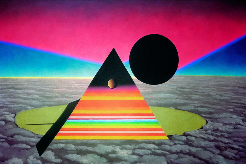 Black pyramid and circle on colorful backdrop with light rays and cloudy horizon.