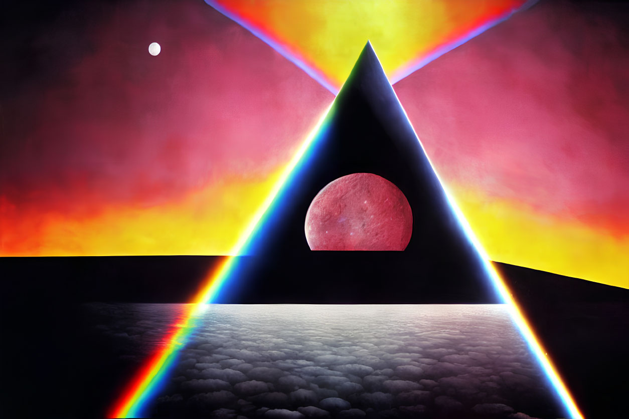 Colorful rainbow beam divides black pyramid under red moon and setting sun in artistic illustration