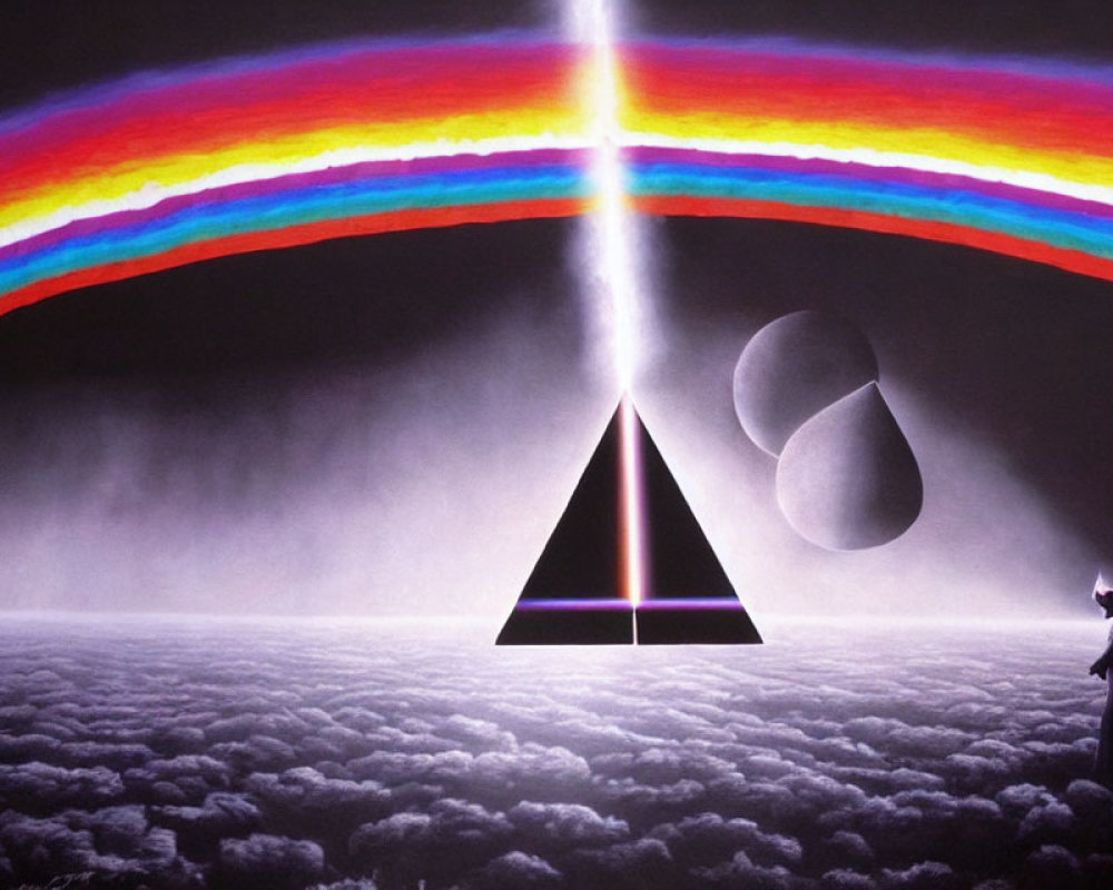 Surreal landscape with prism, rainbow, figure, and spherical shapes