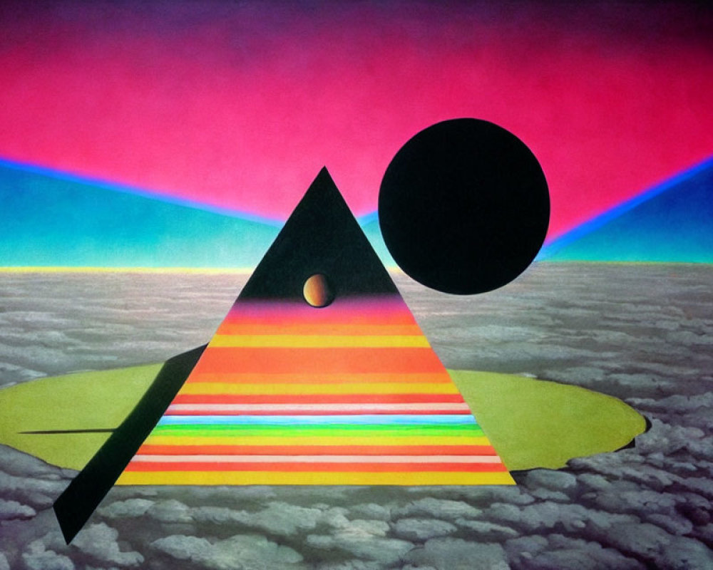 Black pyramid and circle on colorful backdrop with light rays and cloudy horizon.