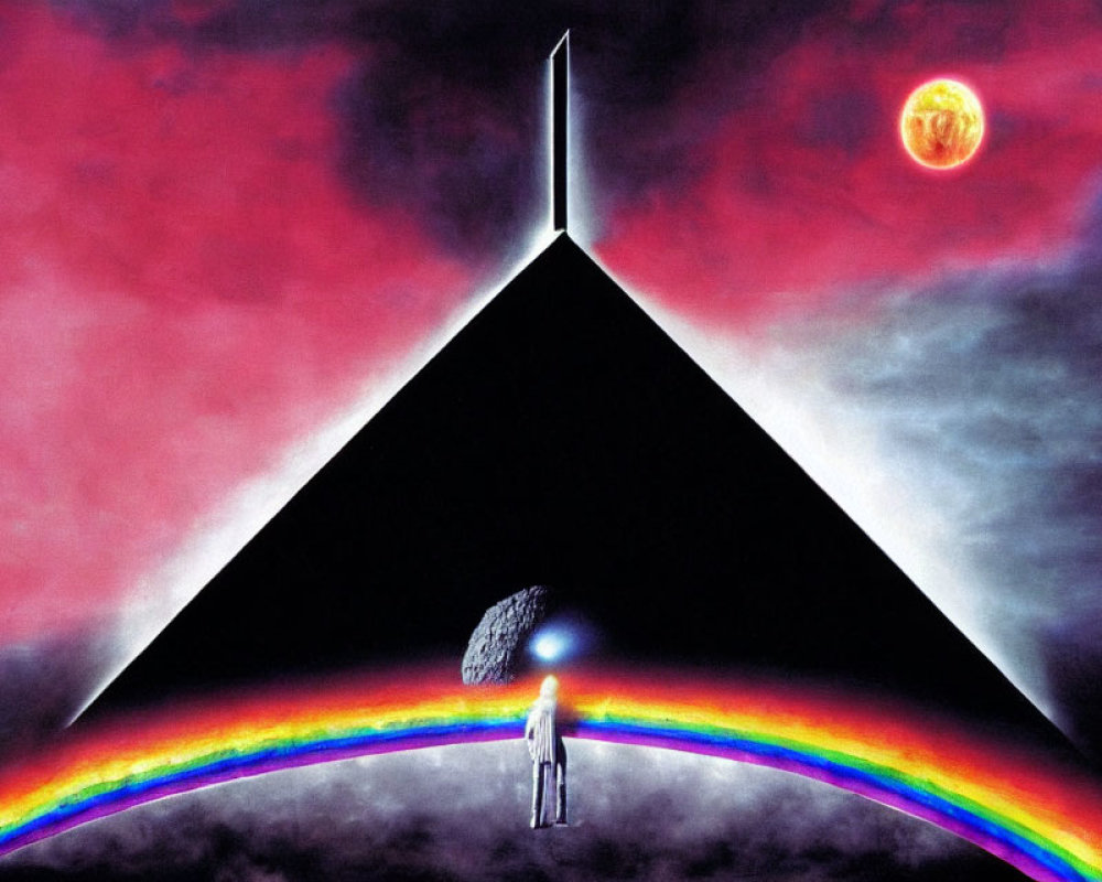 Prism dividing light into rainbow spectrum with cosmic backdrop, figure, moon, and red celestial body.