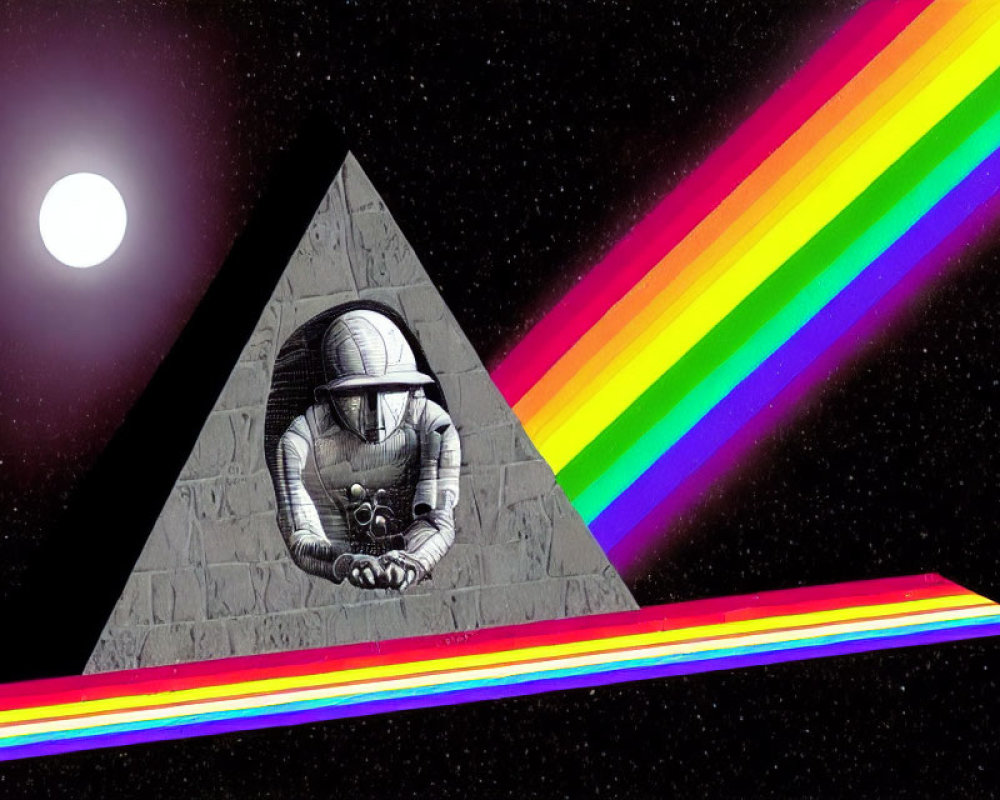 Astronaut in triangular prism with rainbow spectrum in space