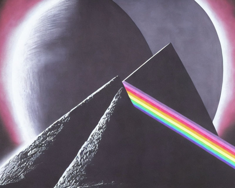 Prism splitting white light into spectrum against cosmic backdrop
