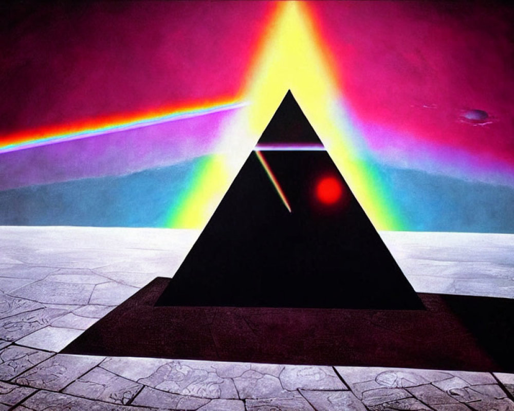 Triangular prism dispersing light on surreal cracked landscape