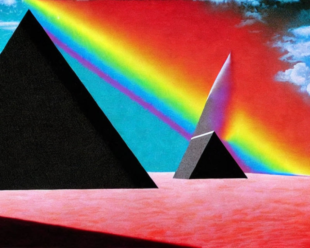 Vibrant prism spectrum from pyramid on red landscape and blue sky