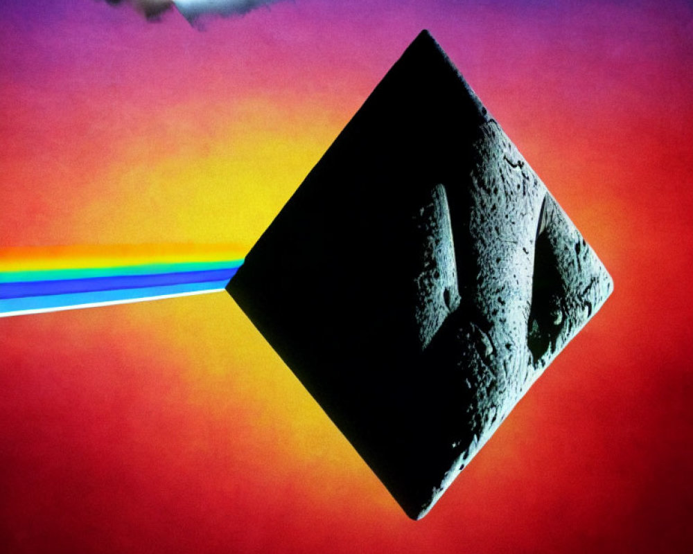 Dark cube floating with colorful beam and planet in vibrant sky