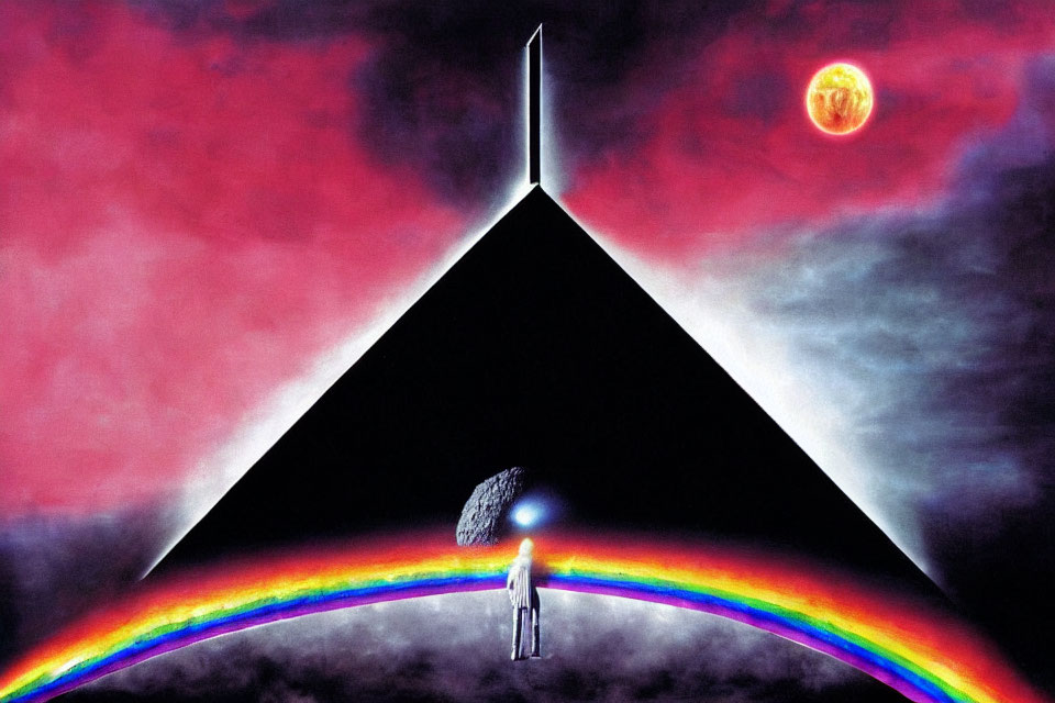 Prism dividing light into rainbow spectrum with cosmic backdrop, figure, moon, and red celestial body.