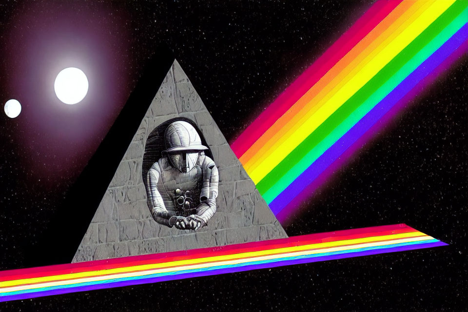Astronaut in triangular prism with rainbow spectrum in space
