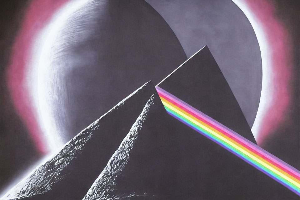 Prism splitting white light into spectrum against cosmic backdrop