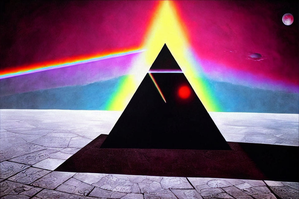 Triangular prism dispersing light on surreal cracked landscape