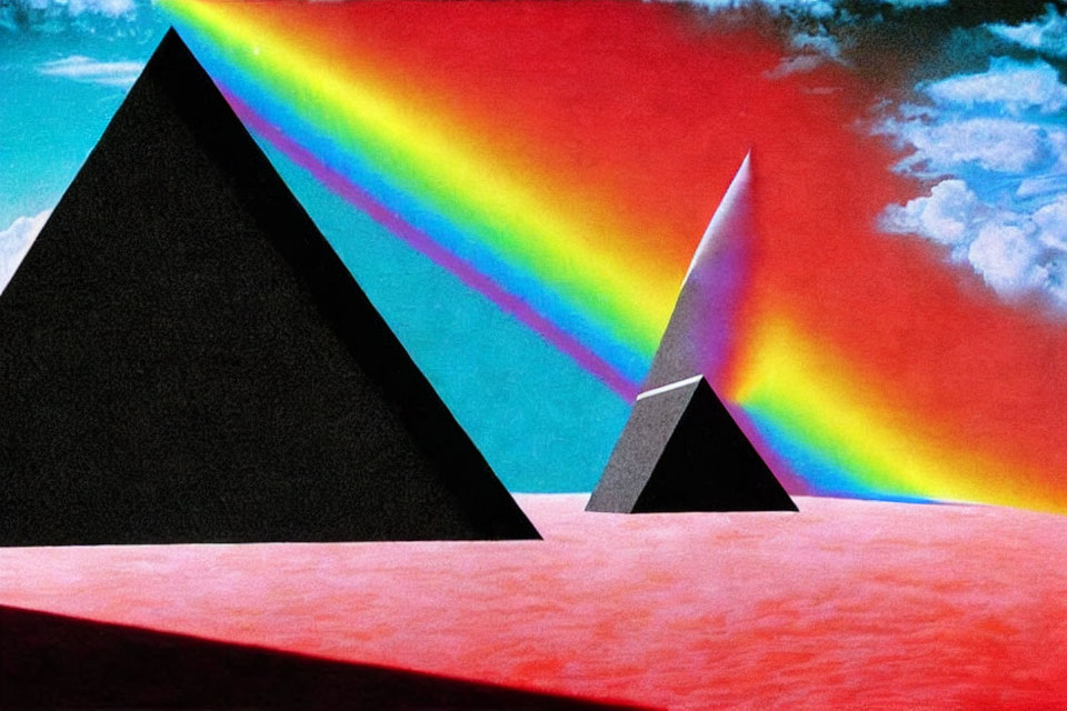 Vibrant prism spectrum from pyramid on red landscape and blue sky