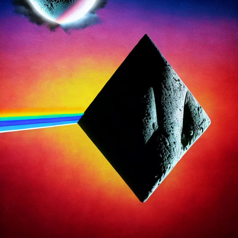 Dark cube floating with colorful beam and planet in vibrant sky