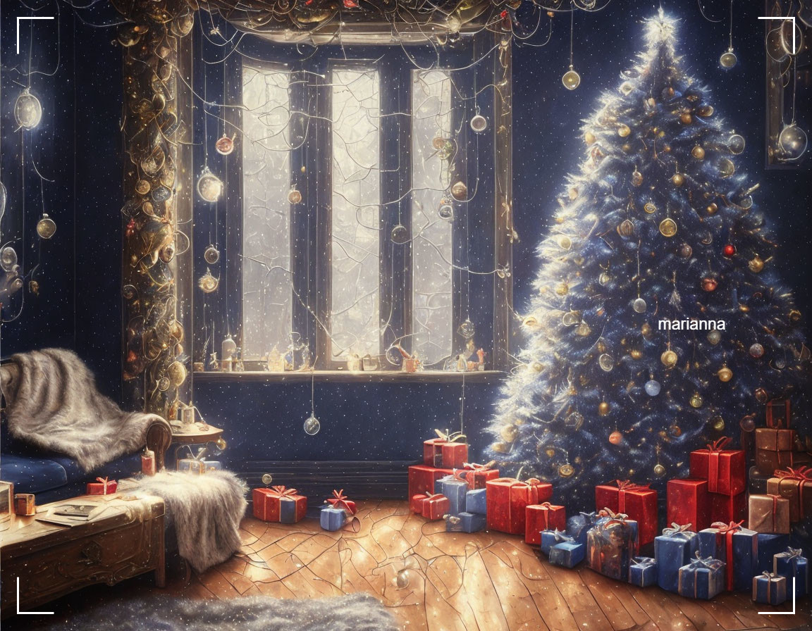 Festive holiday room with Christmas tree, gifts, frosted window & warm lighting