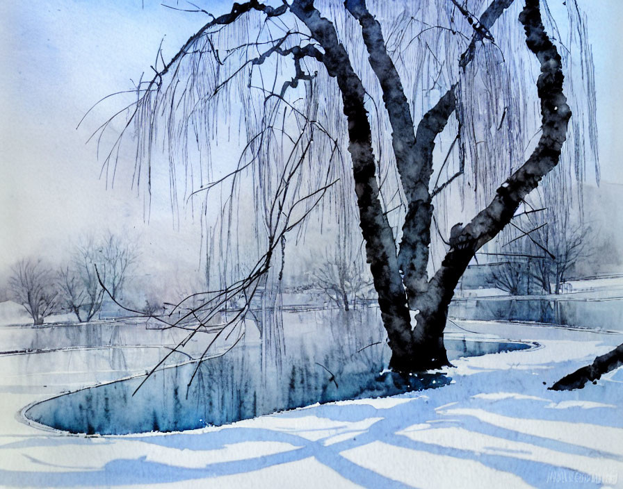 Wintry watercolor painting: bare tree, frozen pond, soft blue and white hues