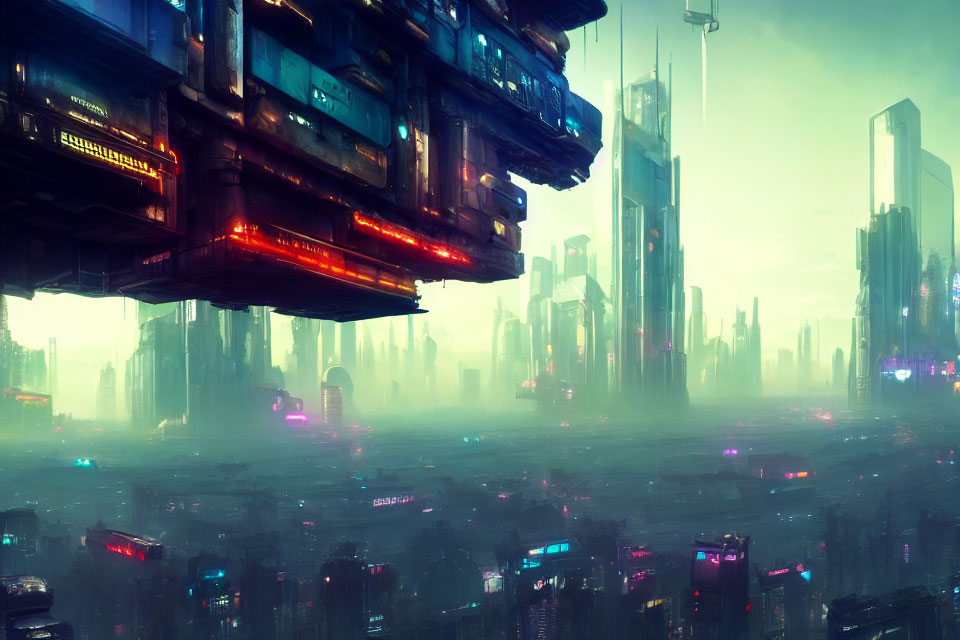 Futuristic cityscape with towering skyscrapers and neon lights