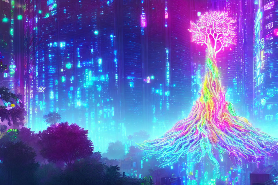 Colorful neon tree in futuristic cityscape with skyscrapers and twilight sky