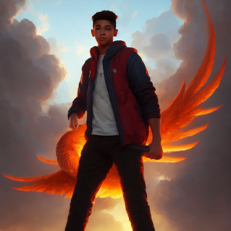 Young person with fiery wings in dramatic sky setting