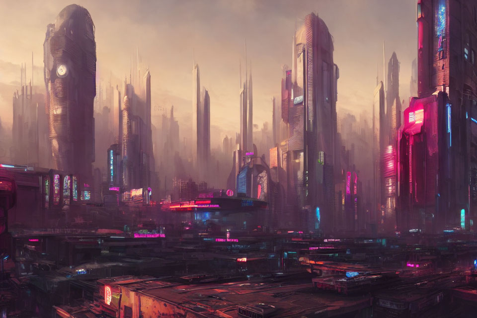 Futuristic cityscape with neon-lit skyscrapers at dusk