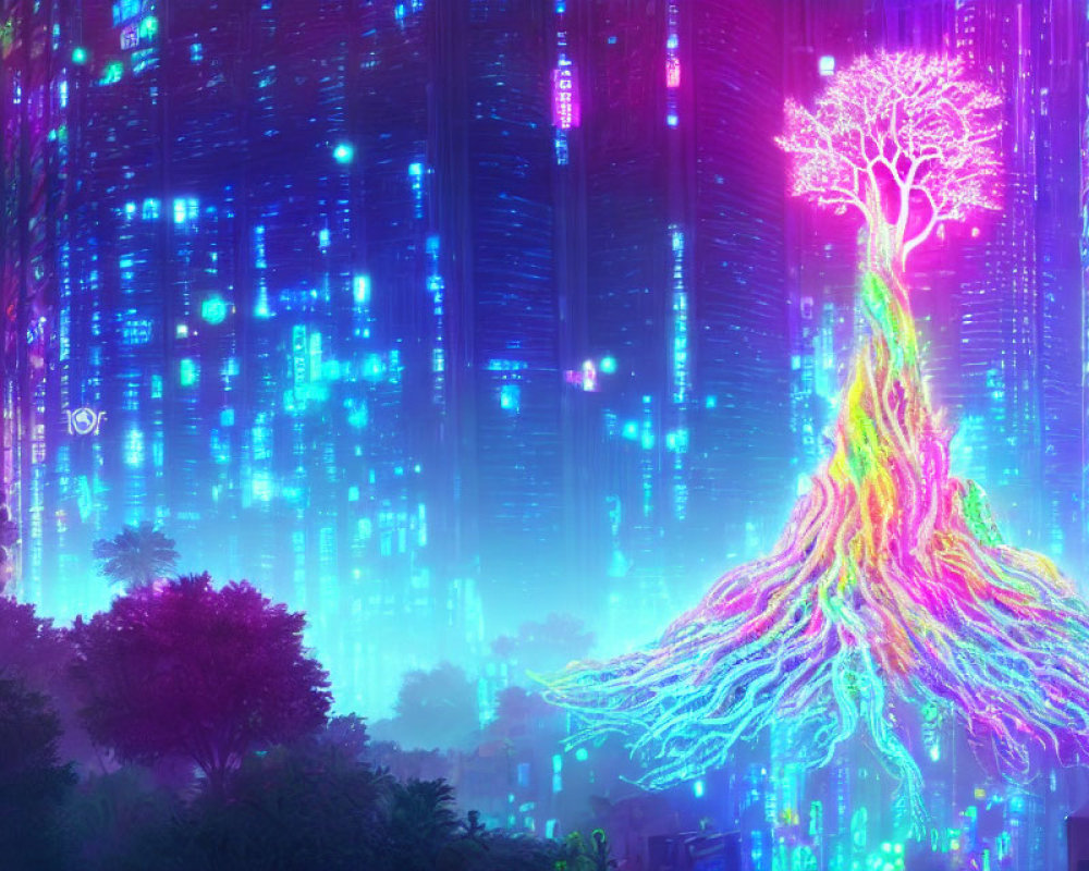 Colorful neon tree in futuristic cityscape with skyscrapers and twilight sky