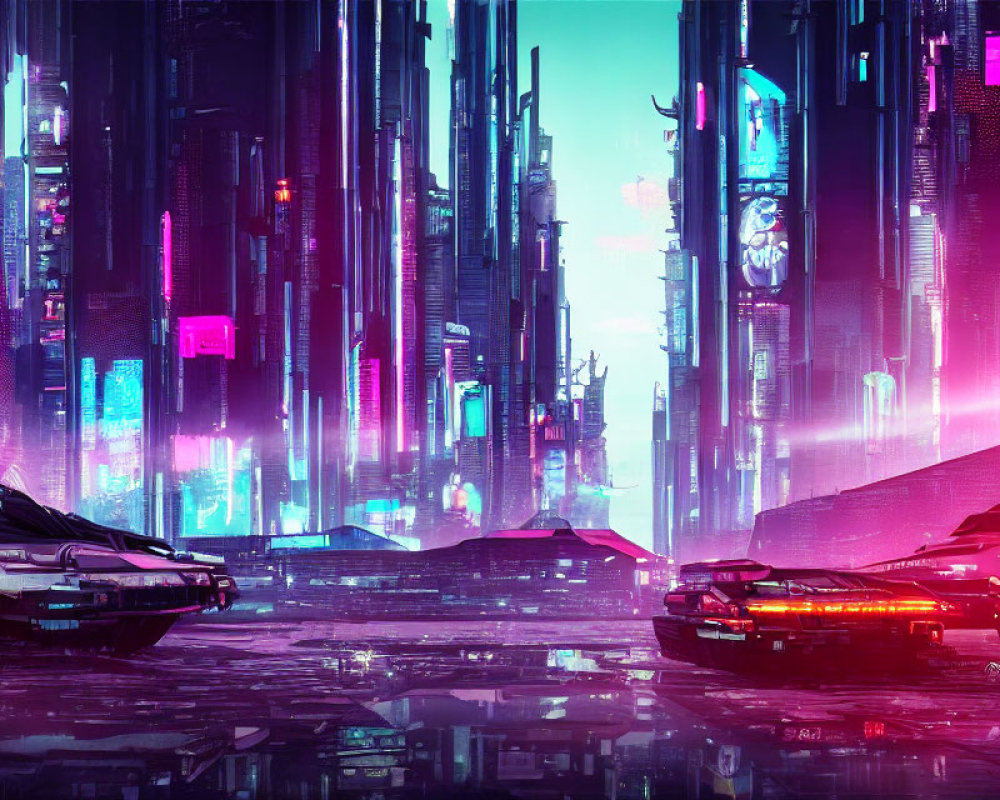 Futuristic neon-lit cityscape with skyscrapers and flying cars