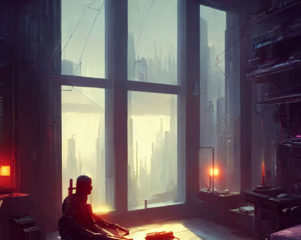 Person sitting in dim futuristic room overlooking cyberpunk cityscape