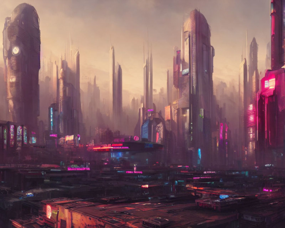 Futuristic cityscape with neon-lit skyscrapers at dusk