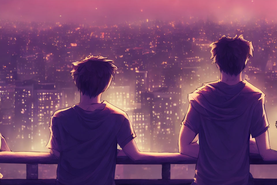 Two individuals admiring cityscape at sunset with purple and pink hues.