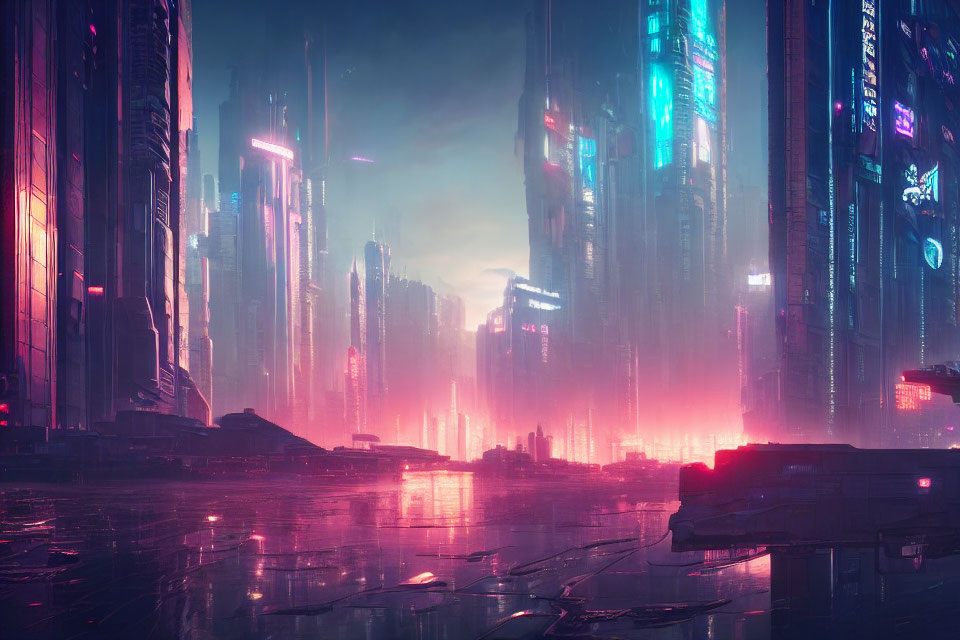 Neon-lit futuristic cityscape under pink and blue sky