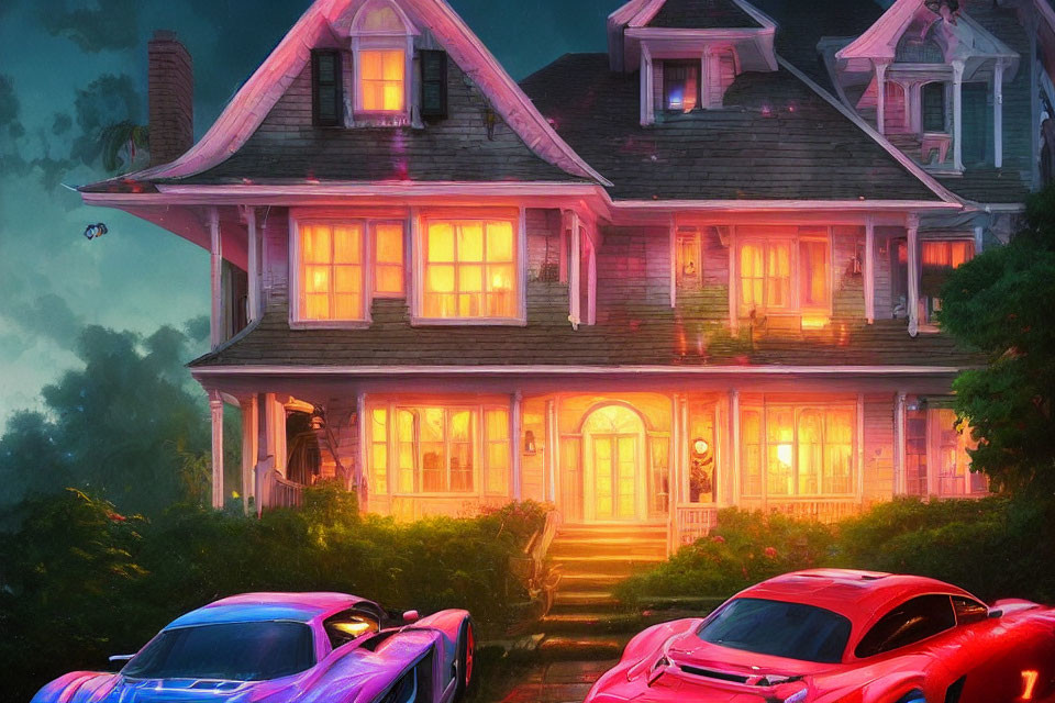 Cozy two-story house at dusk with illuminated interior and two sports cars parked outside