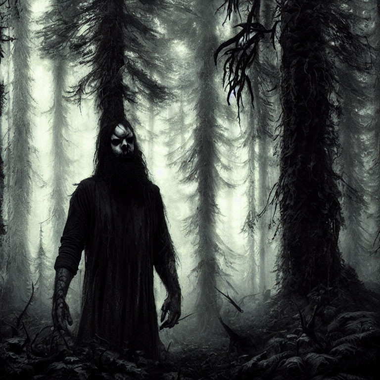 Mysterious Figure with Painted Face in Foggy Forest