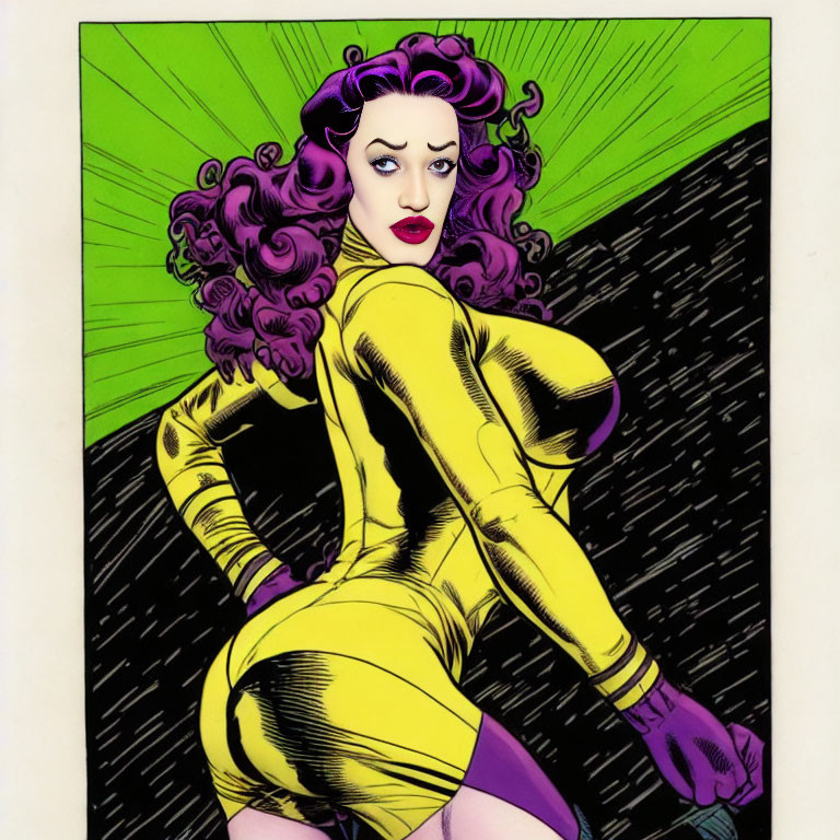 Female comic character with purple hair in yellow costume on green background