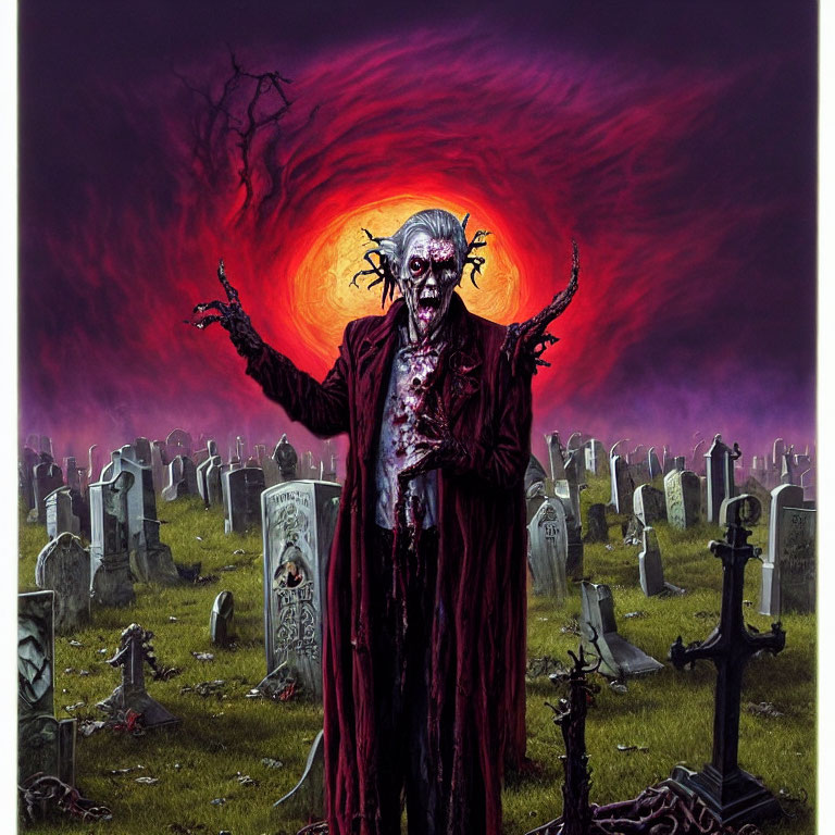 Menacing figure in tattered clothing in graveyard under blood-red sky