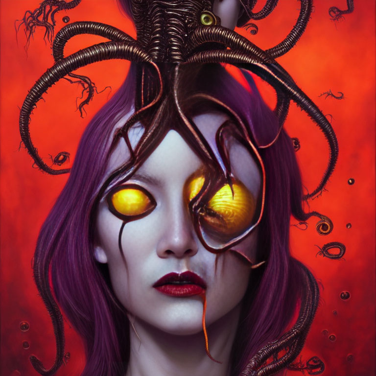 Purple-haired person with yellow eyes and snake-like head appendages on orange background