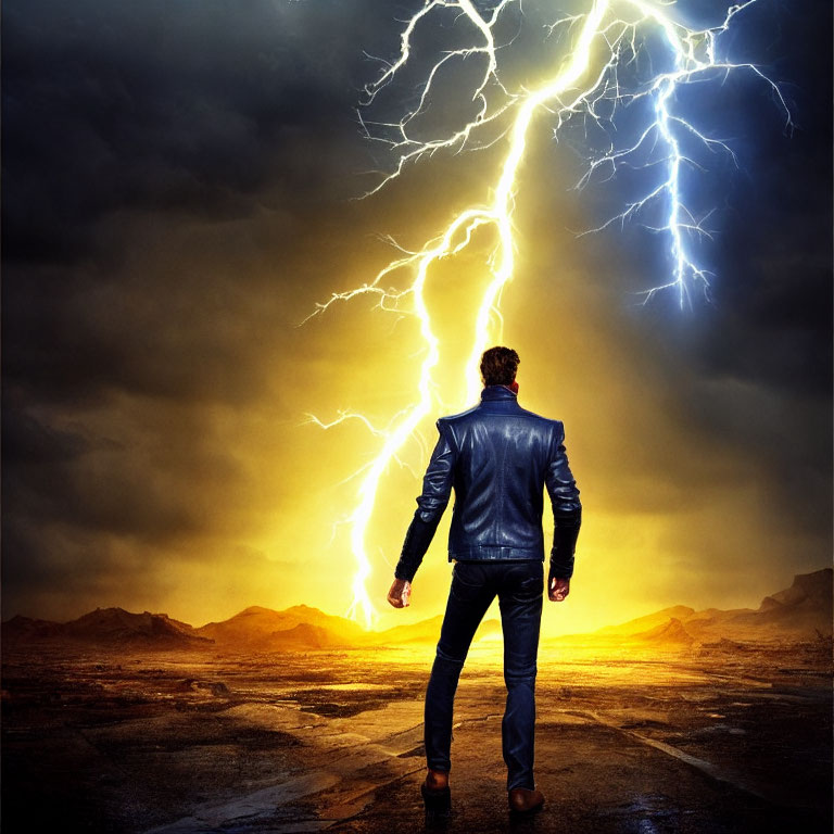 Man in leather jacket facing lightning striking barren landscape at dusk