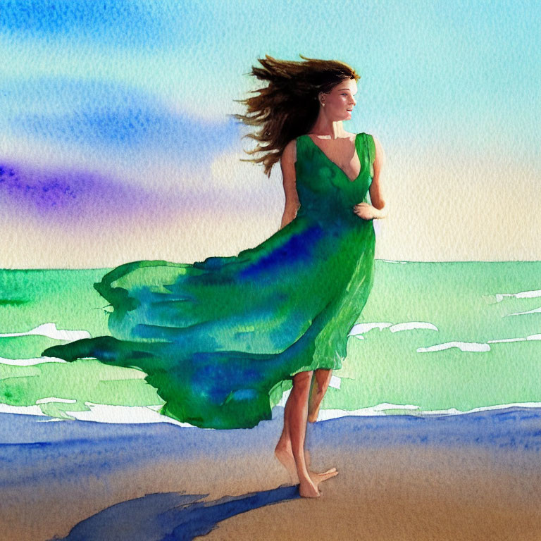 Woman in flowing green dress on beach with ocean background