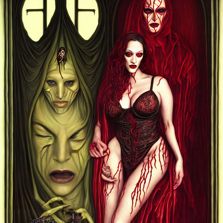 Stylized fantasy art of three female figures in gothic setting