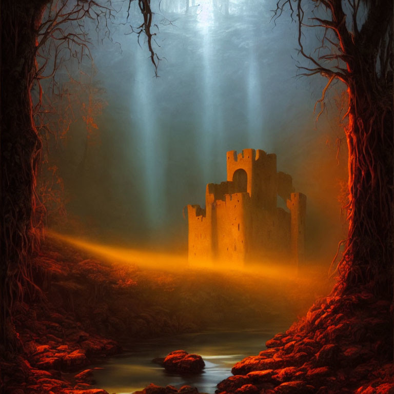 Ethereal forest scene with abandoned castle in golden haze