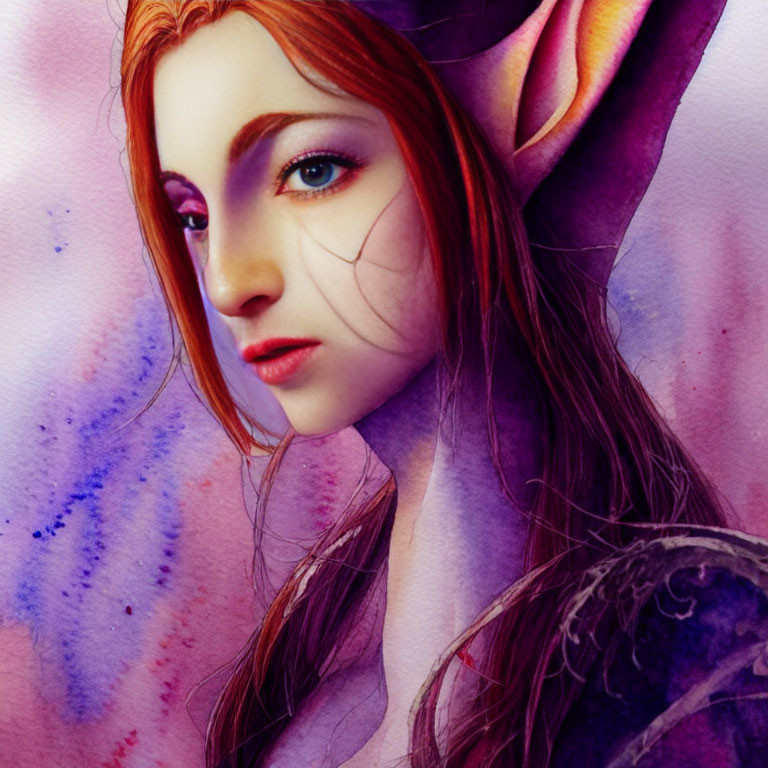 Mystical woman with red hair and elf-like ears in vibrant illustration