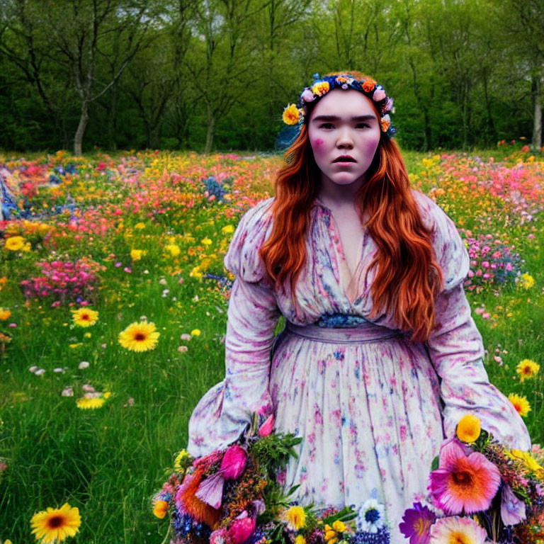 Woman with floral headband in vibrant wildflower field holding flower basket