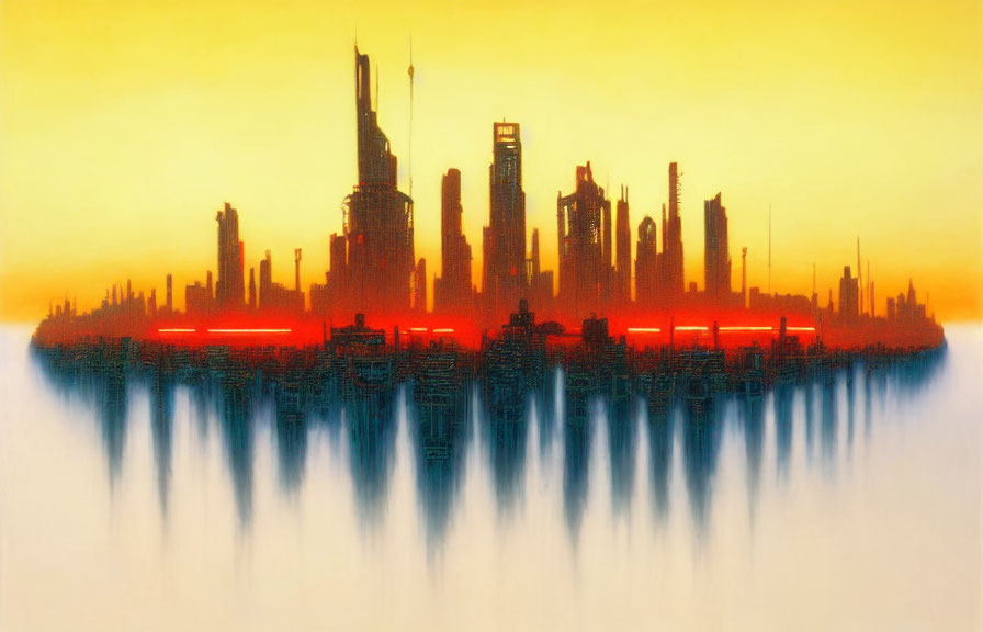 Urban skyline with skyscrapers at sunset reflecting in water.