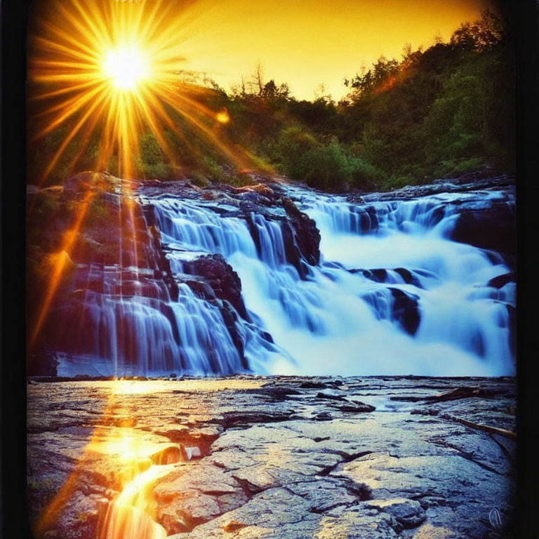 Sunlit Waterfall Cascading Over Rocks at Sunset