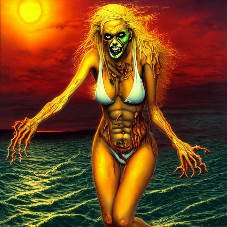 Digital artwork: Zombie-like female emerging from sea at sunset