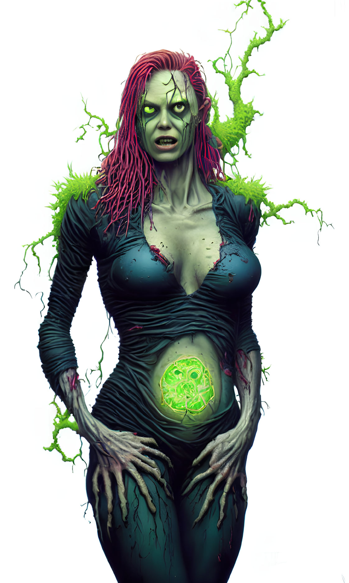 Female figure with green skin, glowing abdomen, pink hair, and neon green energy tendrils