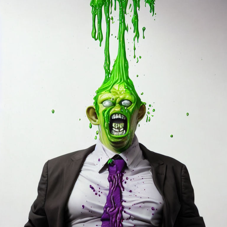 Businessperson in suit with grotesque green mask, mouth open, green and purple liquid.