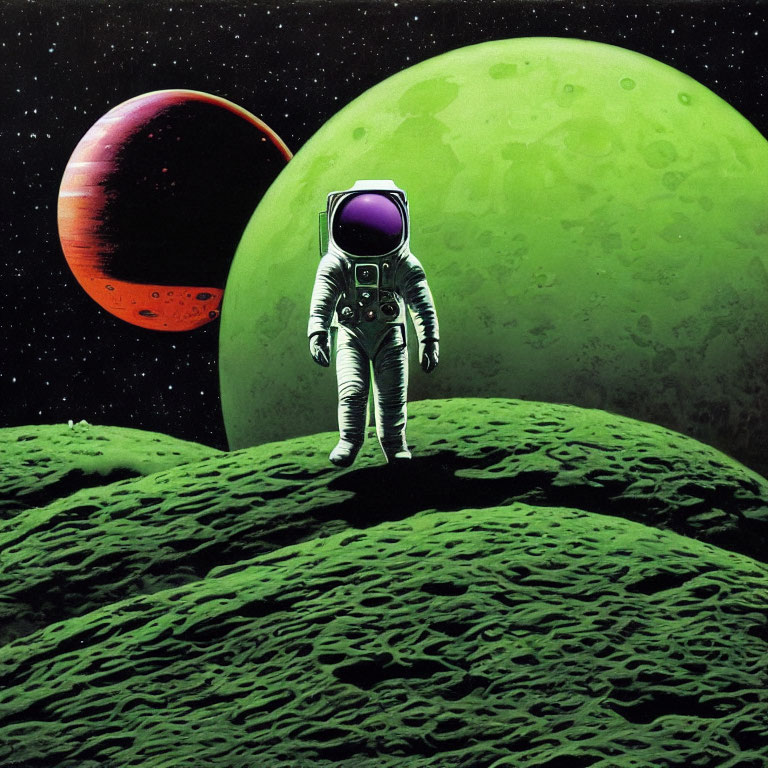 Astronaut on rocky lunar surface with green and red planets in outer space