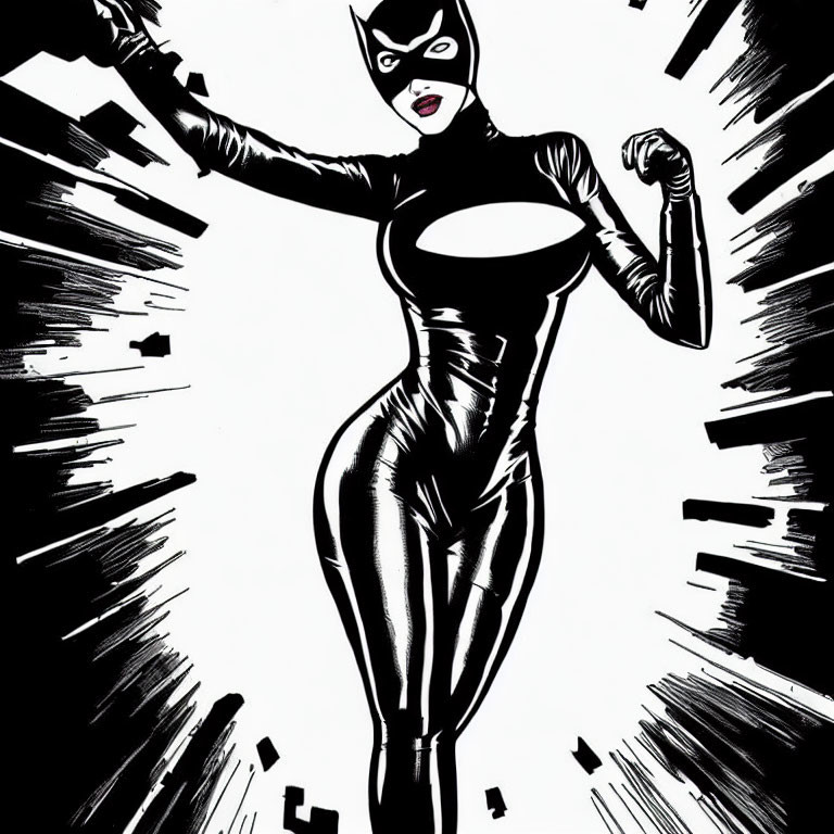 Monochrome female superhero illustration in dynamic pose