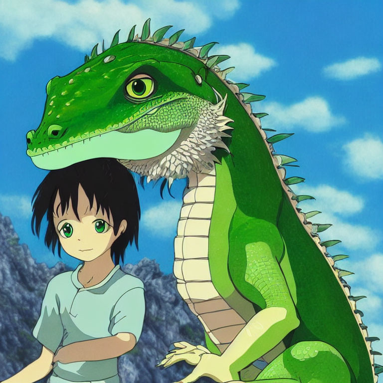 Young boy and green iguana under clear blue skies