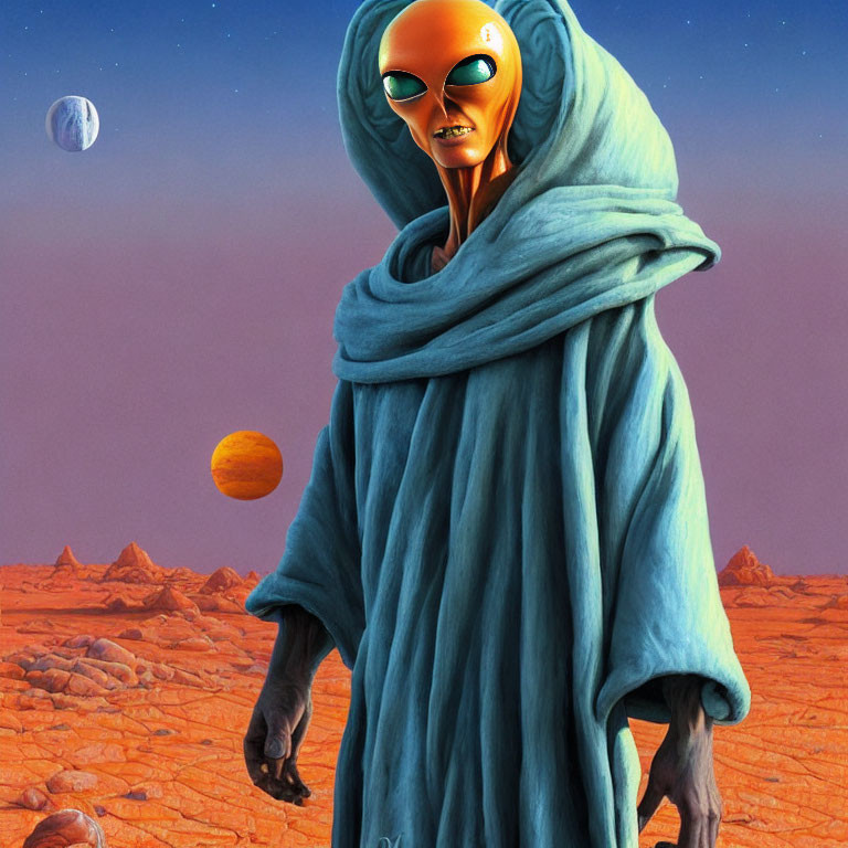 Extraterrestrial Being in Blue Robe on Desert Planet with Moons